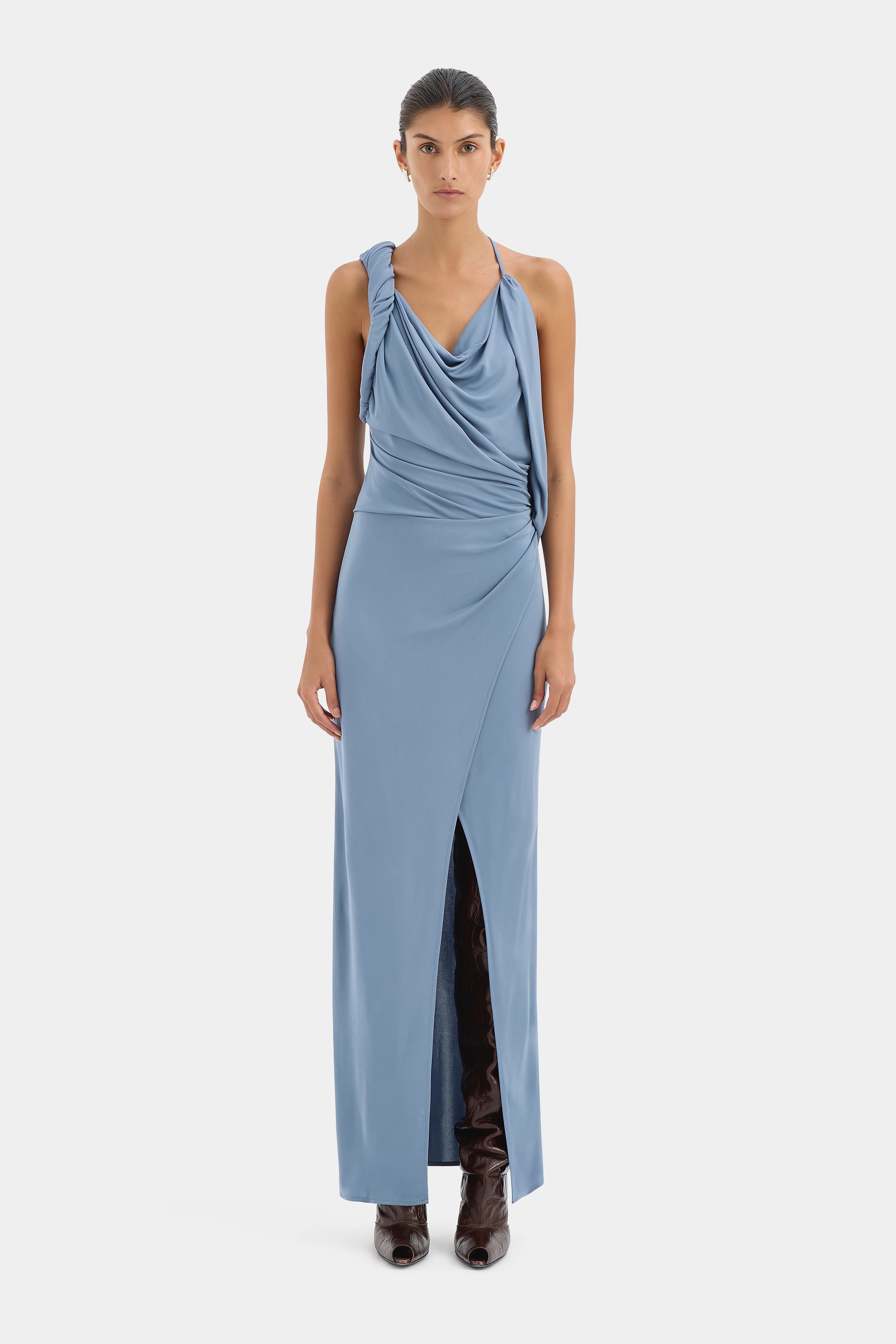 OLENNA TWIST LOW BACK GOWN - DUSTY BLUE