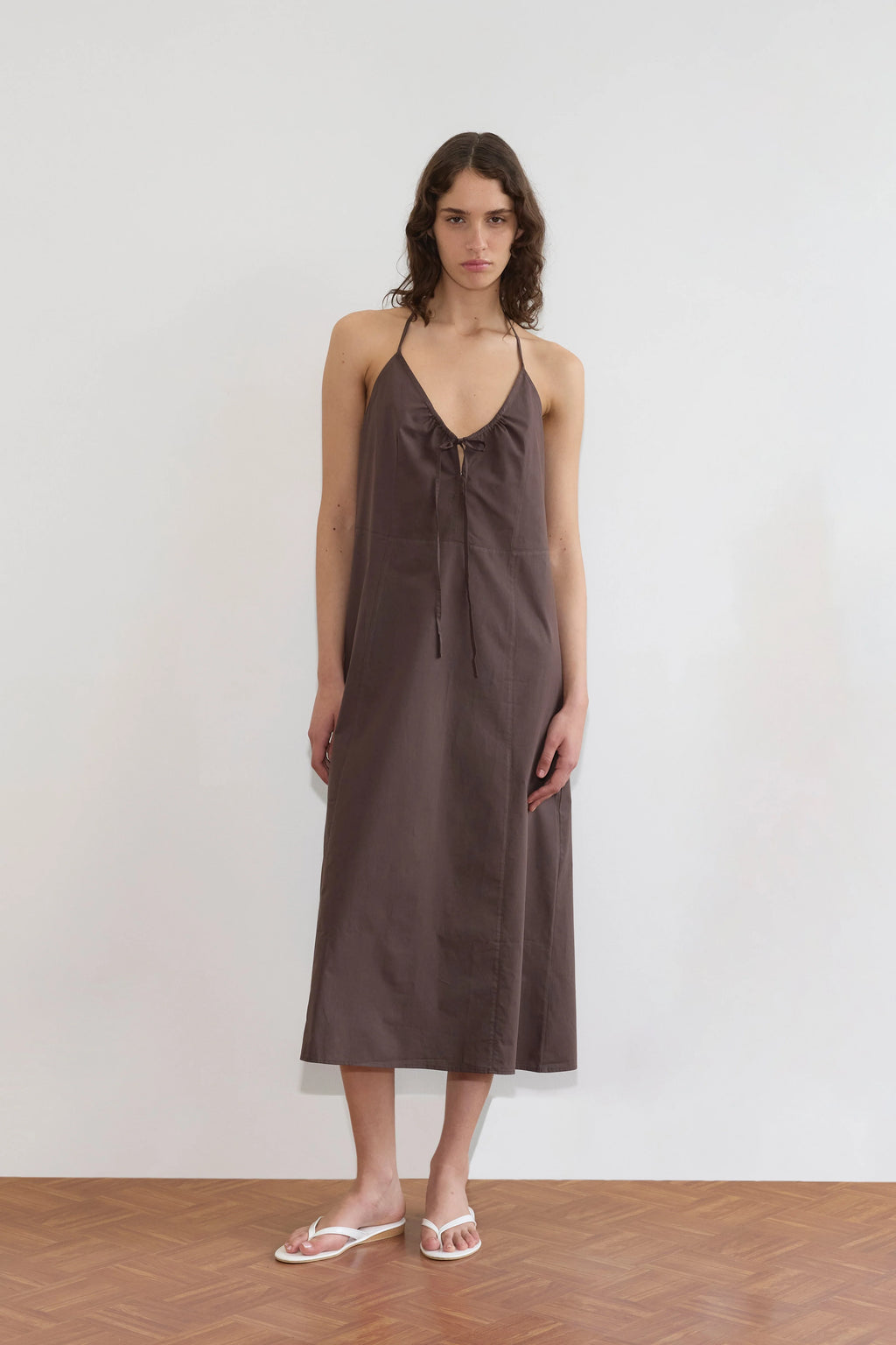 SEAMED HALTER DRESS - SEPIA