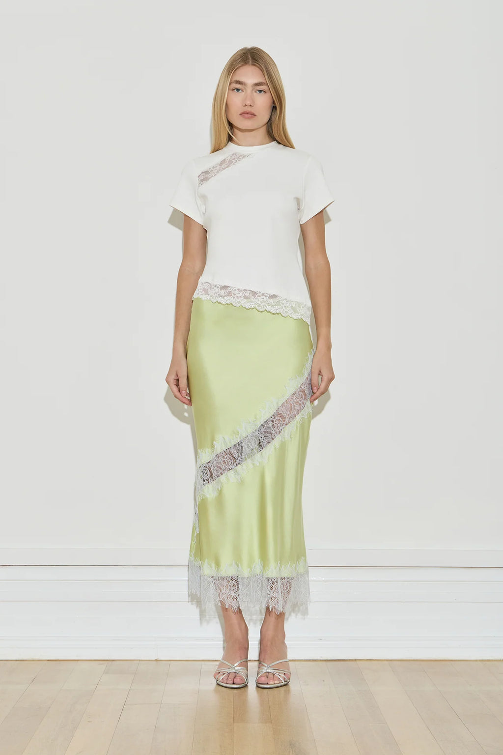 SILK LACE MIDI SKIRT - CHARTREUSE / SEA MOSS