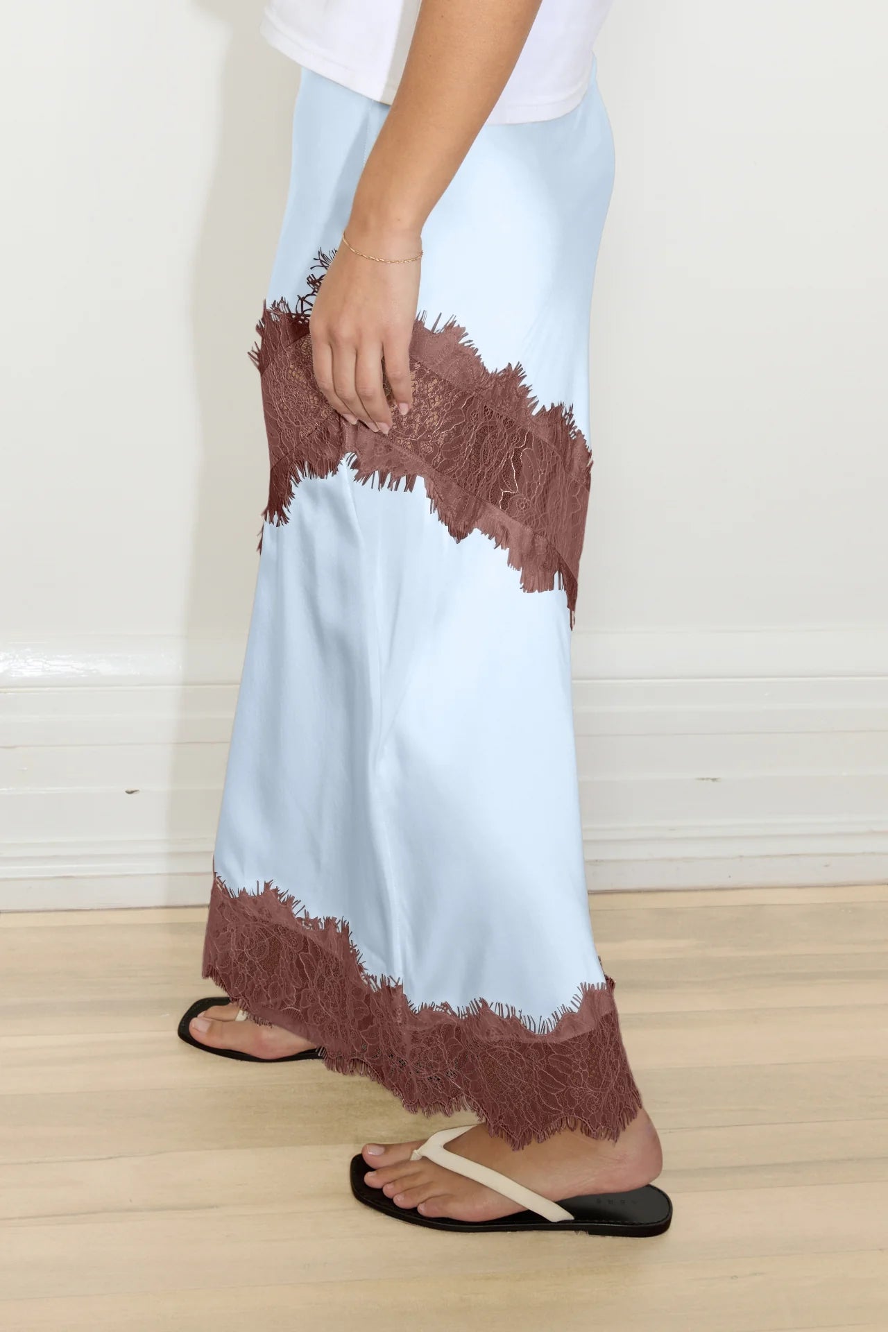 SILK LACE MIDI SKIRT - POWDER BLUE/CHOCOLATE