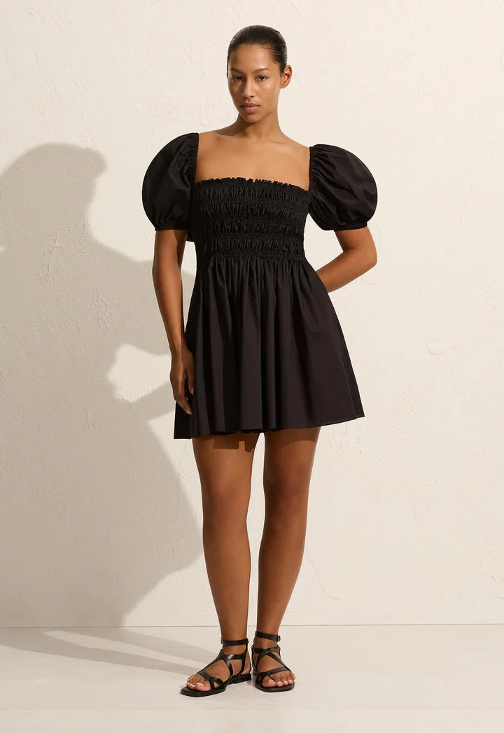 SHIRRED PEASANT MINI DRESS - BLACK