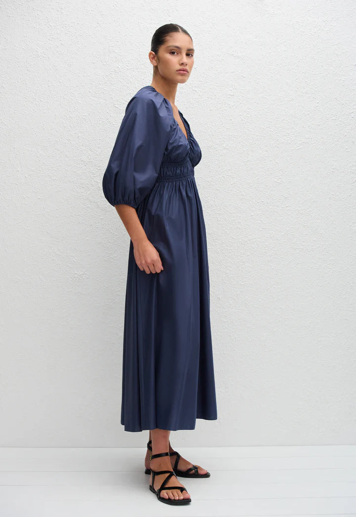 SHIRRED PLUNGE BUTTON DRESS - DUSK