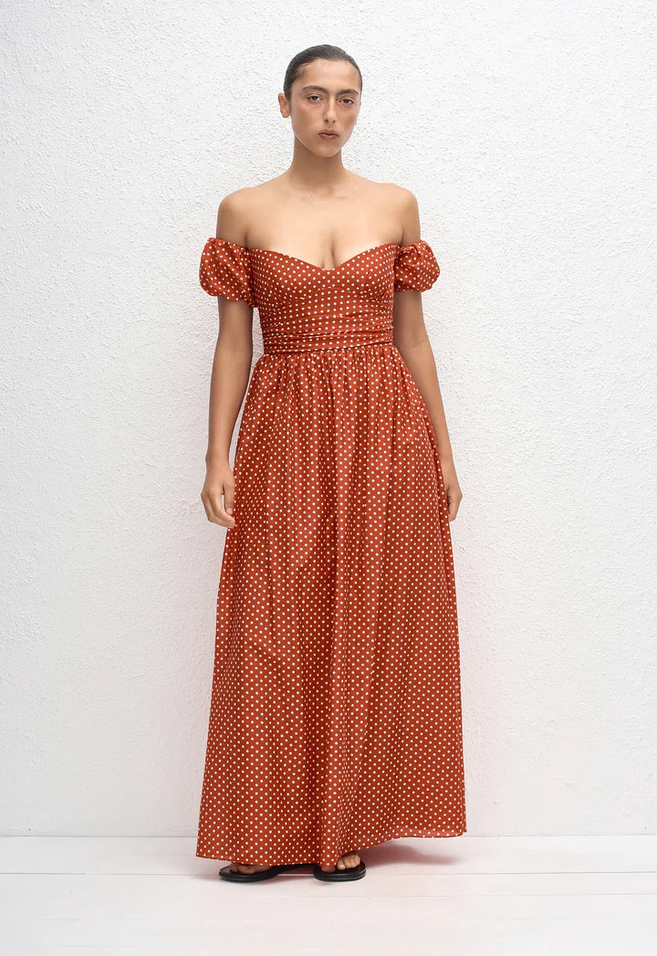 OFF SHOULDER MIDI DRESS - POLKA DOT TOMATO