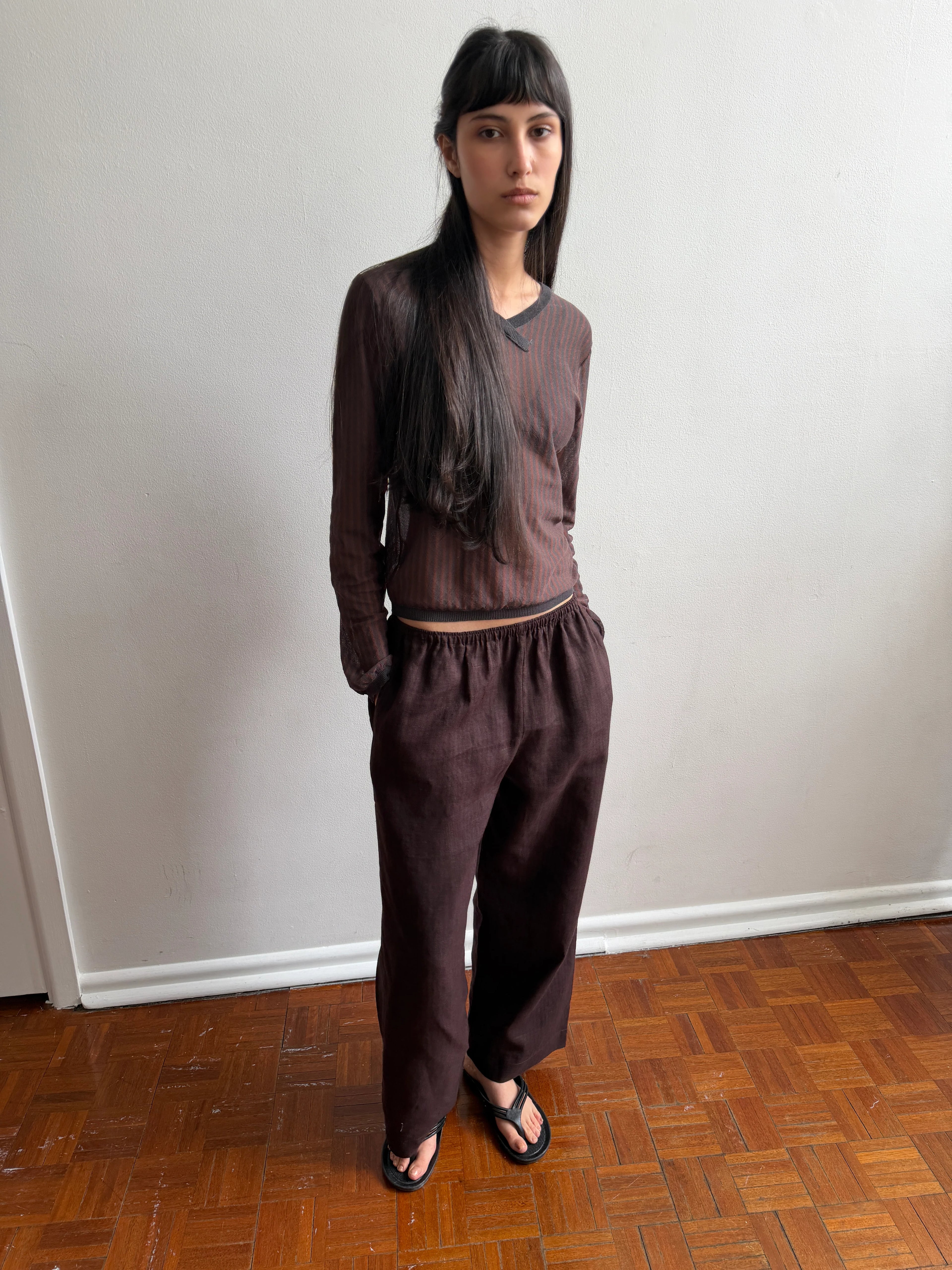(PRE-ORDER) LINEN EASE TROUSER - BROWN BLACK STRIPE