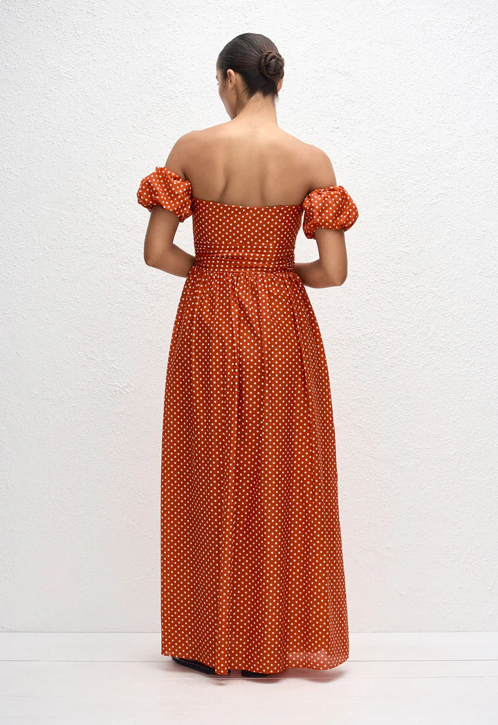 OFF SHOULDER MIDI DRESS - POLKA DOT TOMATO