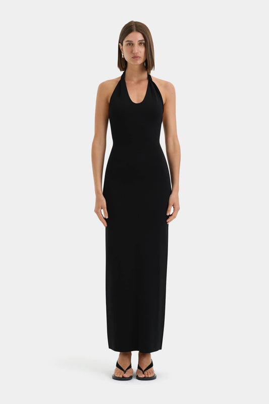 SOLARI HALTER TWIST DRESS - BLACK
