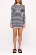 BLUE PIN STRIPE KNIT MINI DRESS - BLUE PIN STRIPE