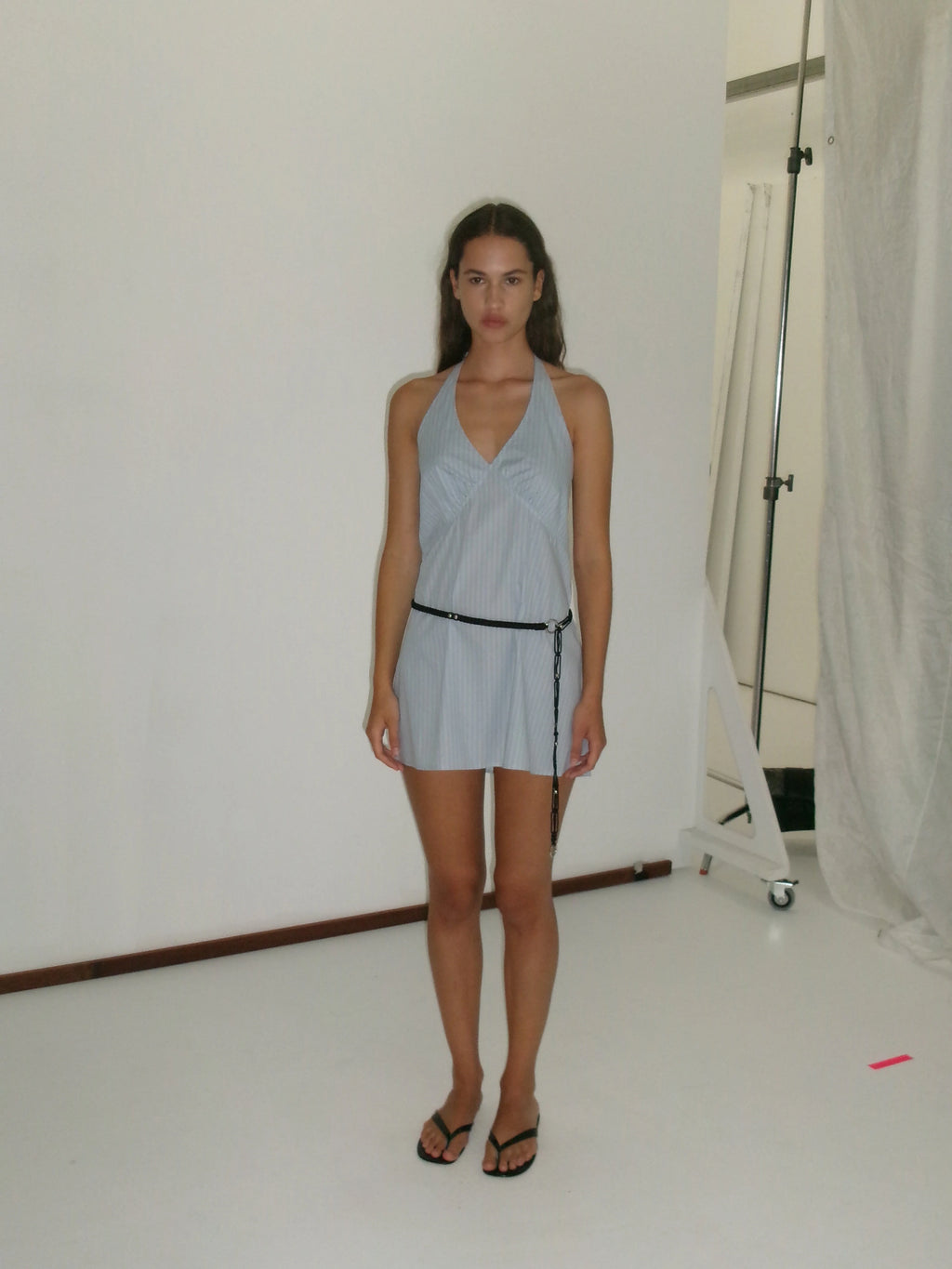 CINCHED HALTER DRESS - LAKE BLUE STRIPE