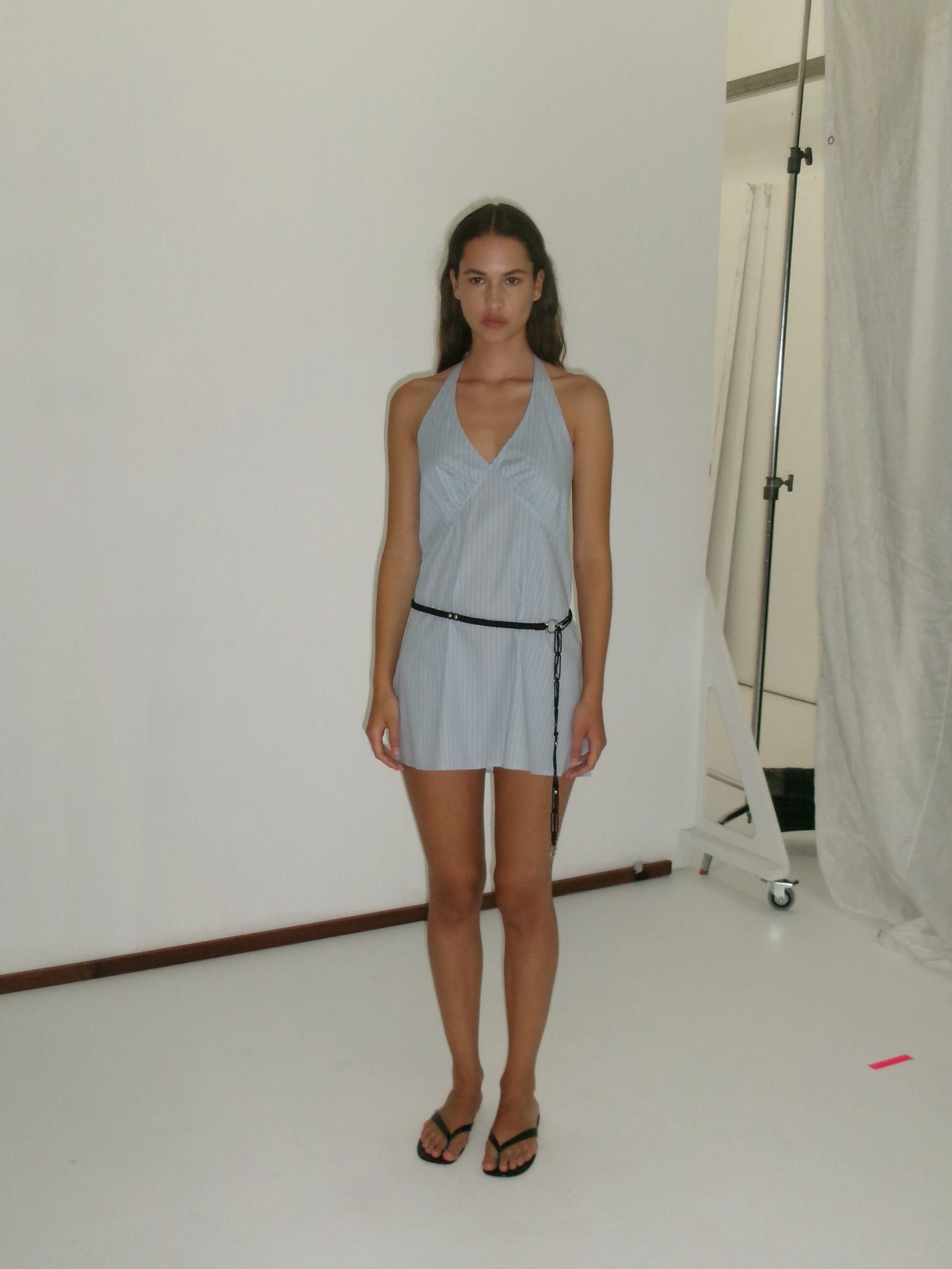 CINCHED HALTER DRESS - LAKE BLUE STRIPE