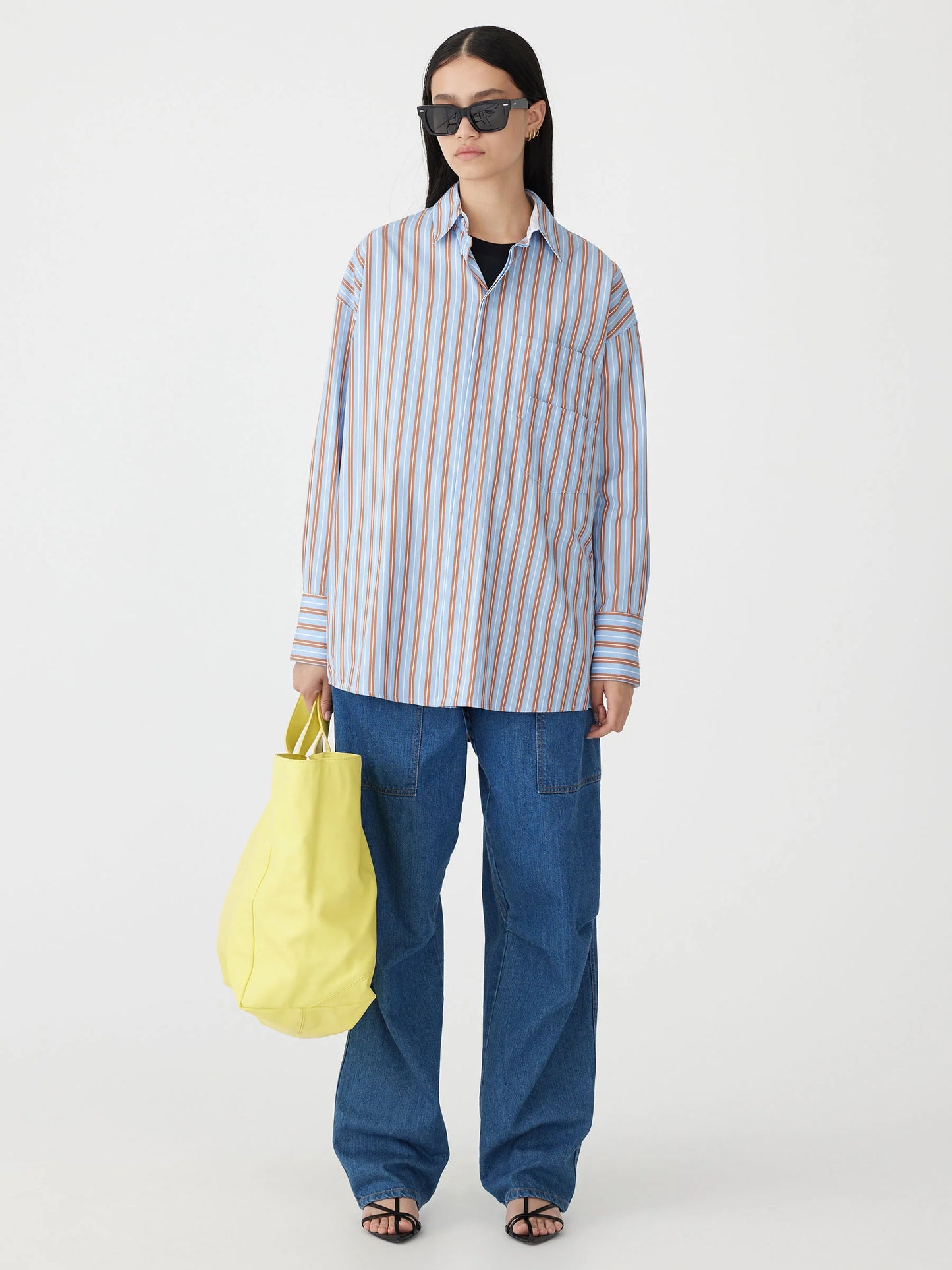 STRIPE BOYFRIEND SHIRT - BROWN/PALE BLUE/WHITE