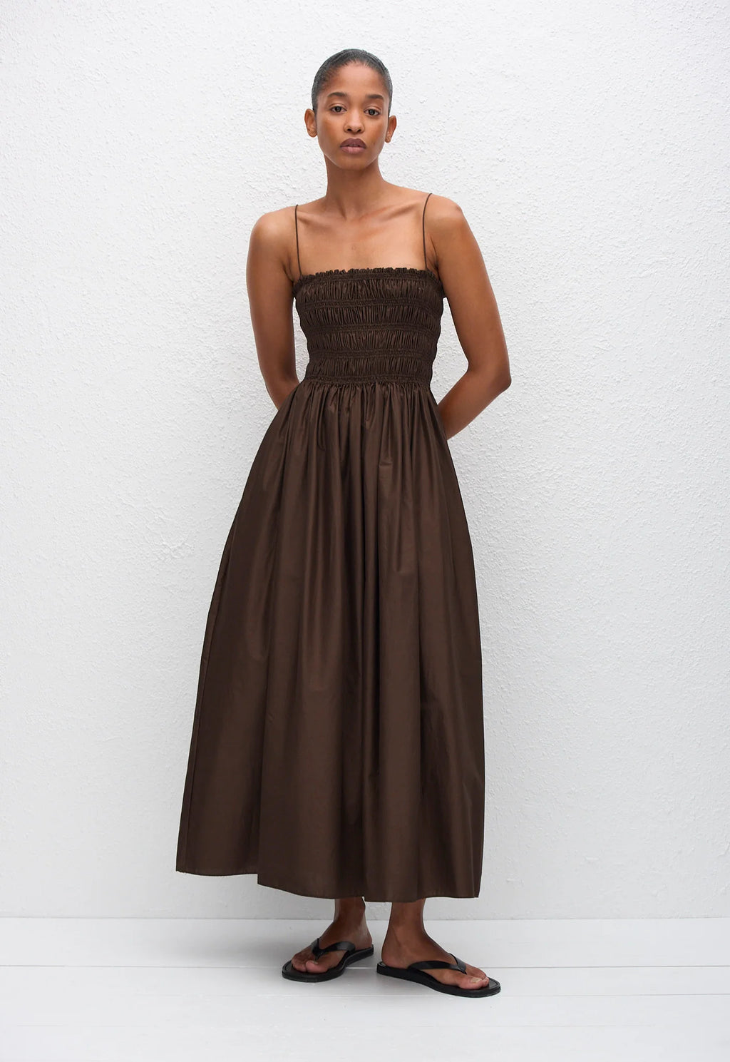 SHIRRED BODICE DRESS - CHOCOLATE