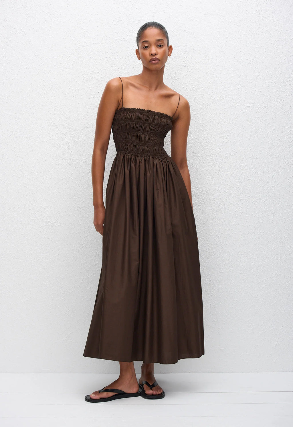 SHIRRED BODICE DRESS - CHOCOLATE