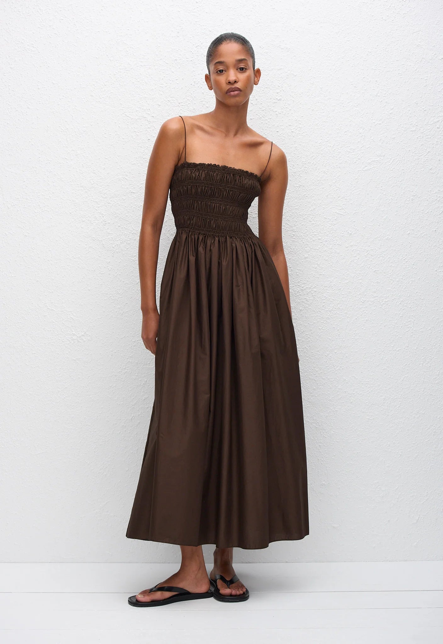 SHIRRED BODICE DRESS - CHOCOLATE
