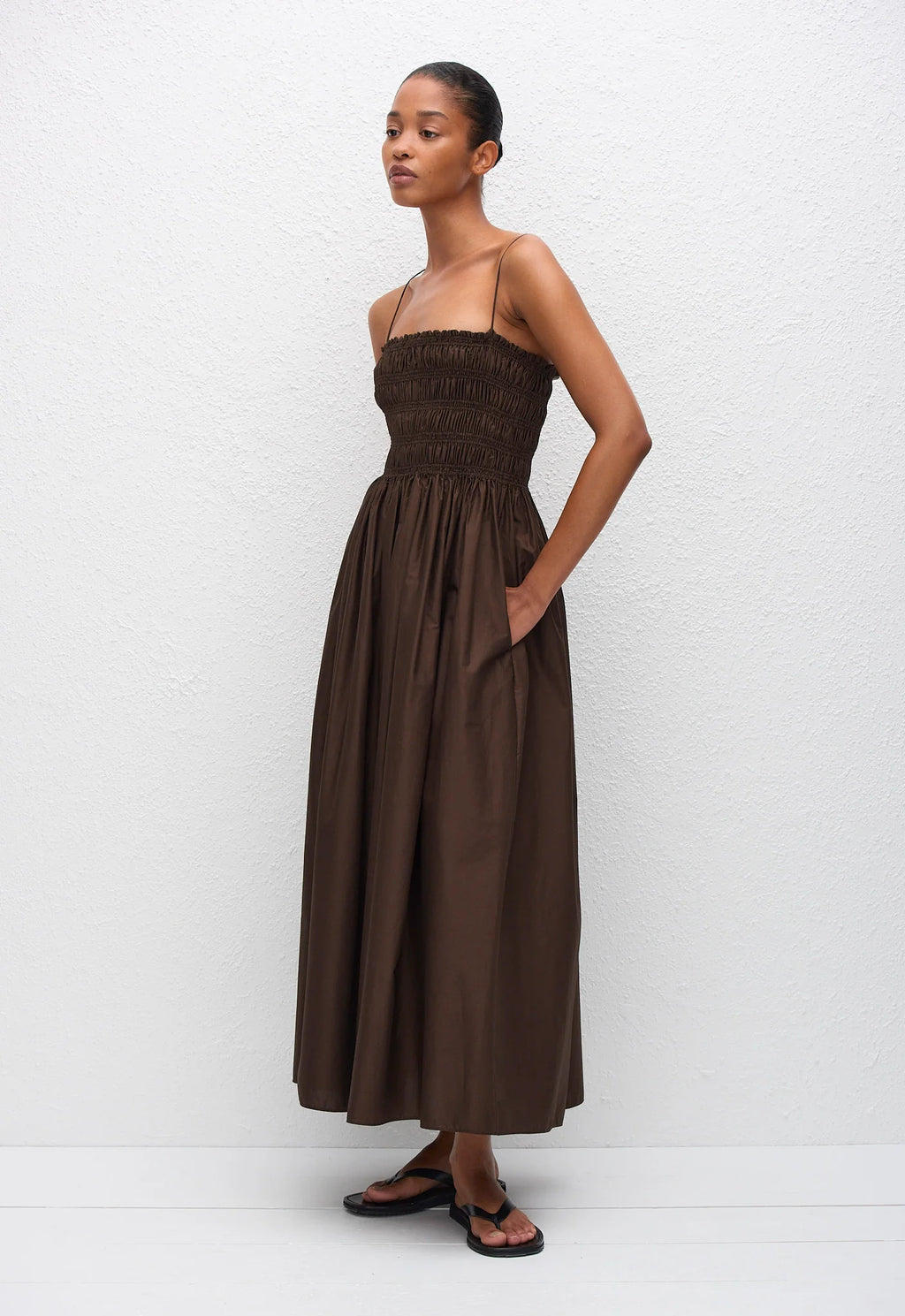 SHIRRED BODICE DRESS - CHOCOLATE