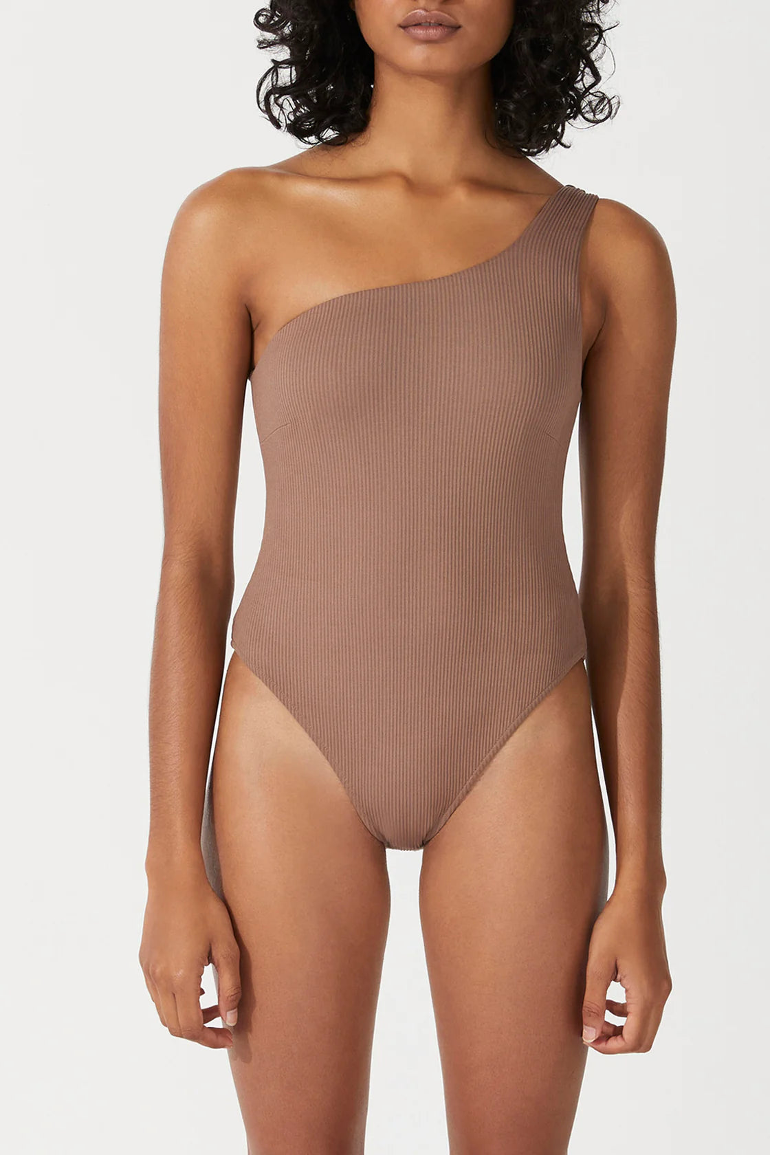 RIB ONE SHOULDER ONE PIECE - CHOCOLATE