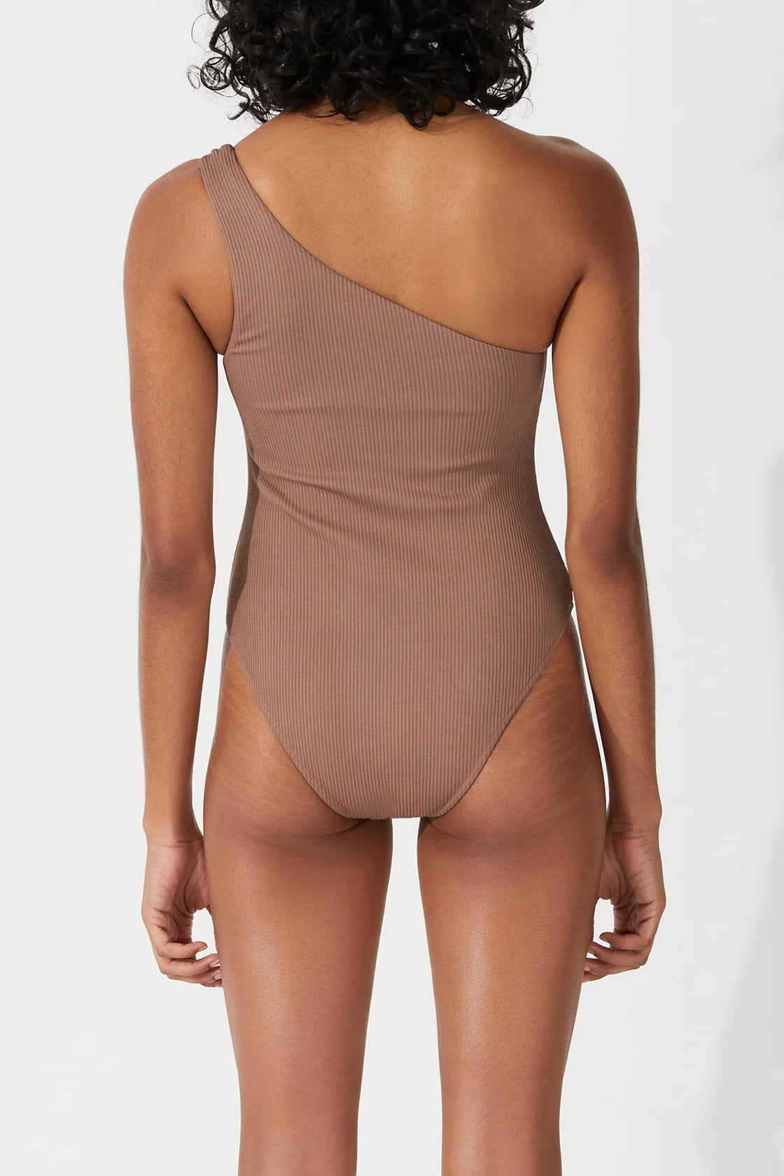 RIB ONE SHOULDER ONE PIECE - CHOCOLATE