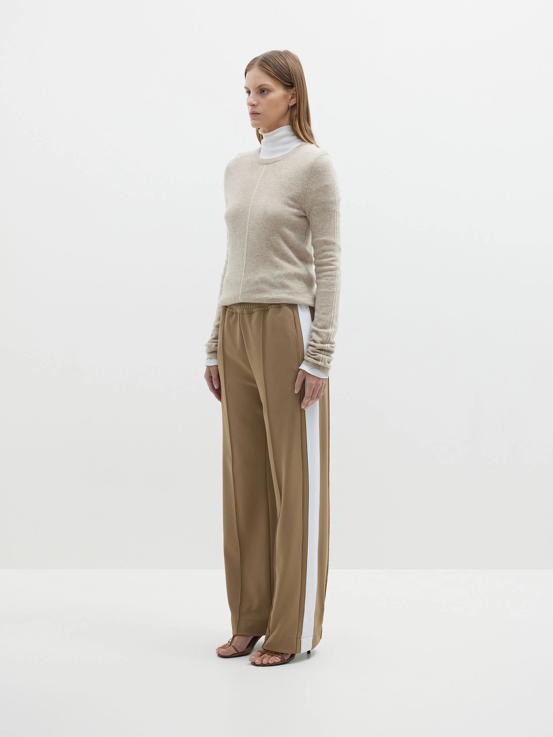 TWILL STRIPE DETAIL PANT - TAN/WHITE