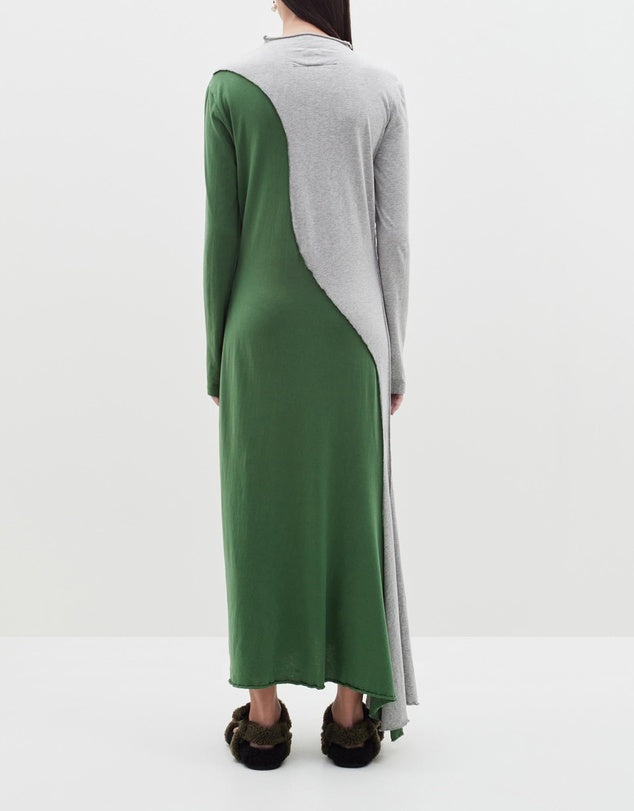 PANELED RAISED NECK LONG SLEEVE DRESS - GREY MARLE PINE GREEN