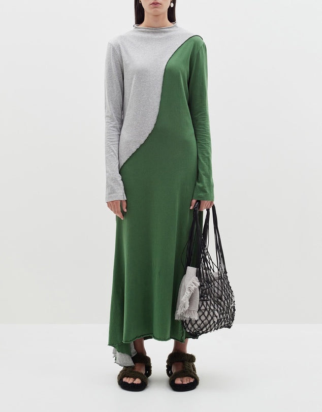 PANELED RAISED NECK LONG SLEEVE DRESS - GREY MARLE PINE GREEN