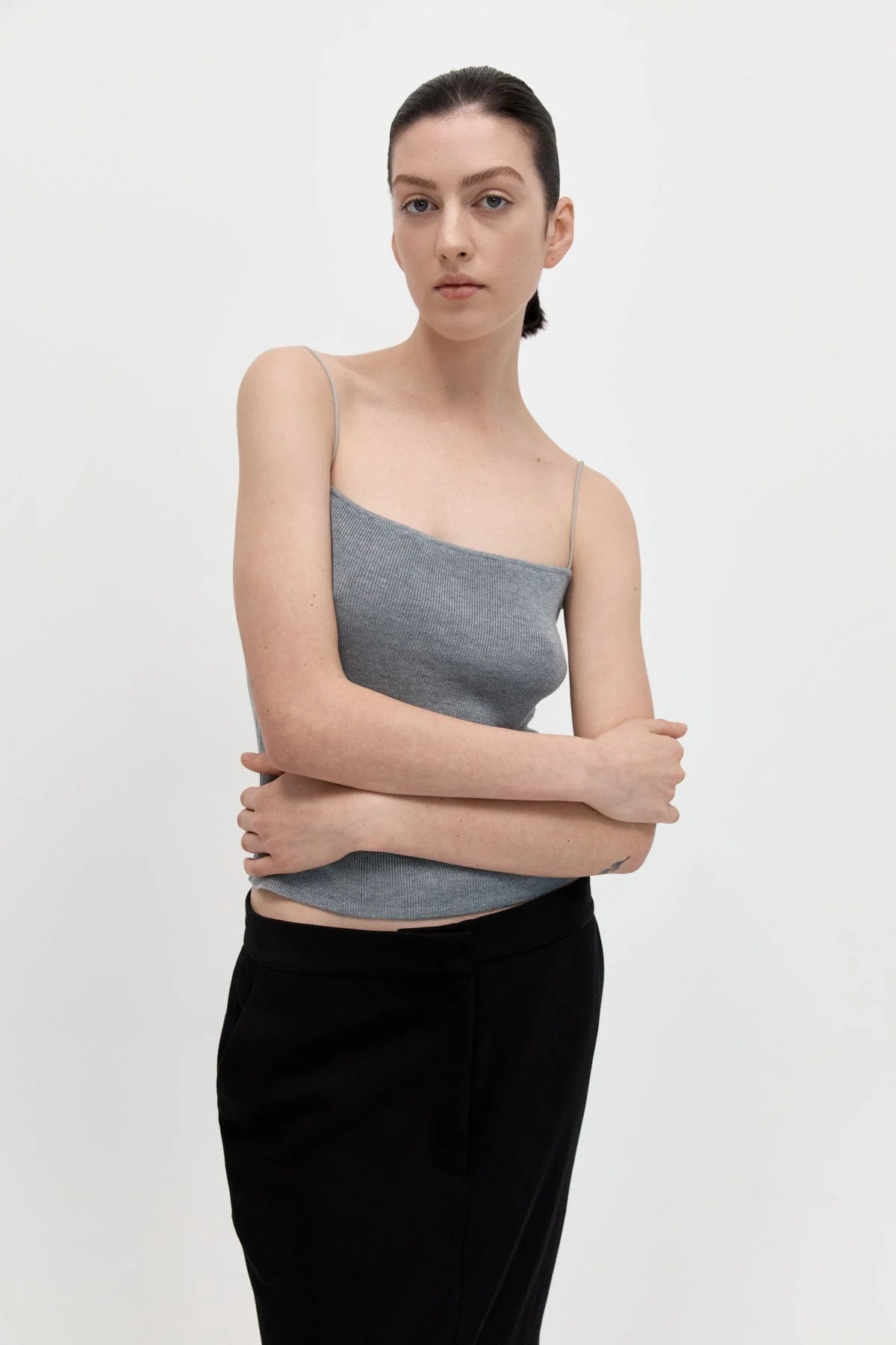 FINE STRAP KNIT TOP - GREY MARLE