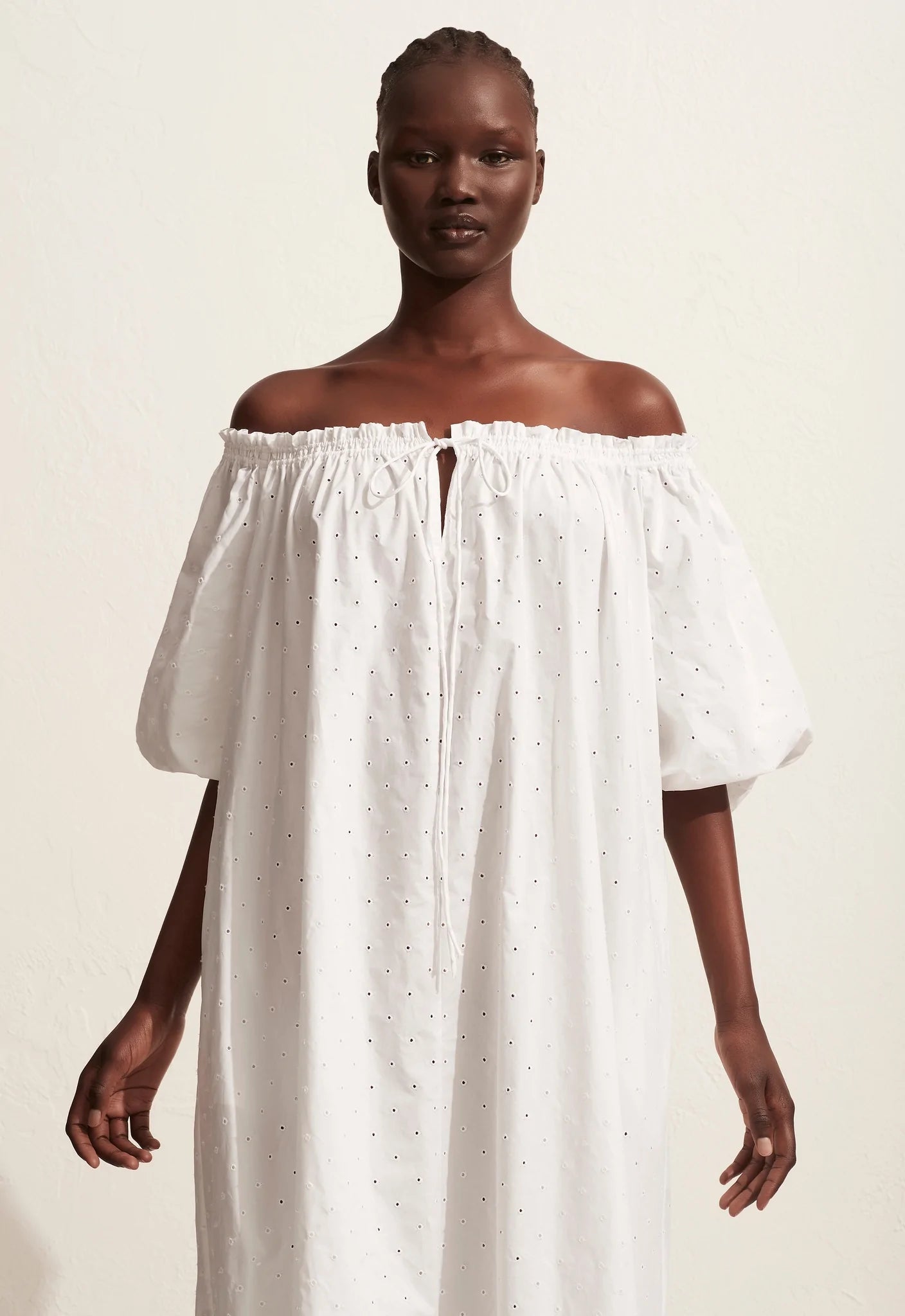 BRODERIE OFF THE SHOULDER DRESS - WHITE